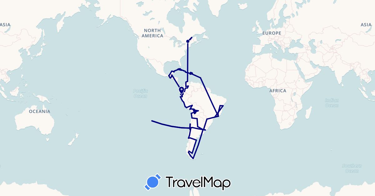 TravelMap itinerary: driving in Argentina, Bolivia, Brazil, Canada, Chile, Colombia, Cuba, Dominican Republic, Ecuador, France, Guatemala, Mexico, Peru, Uruguay (Europe, North America, South America)