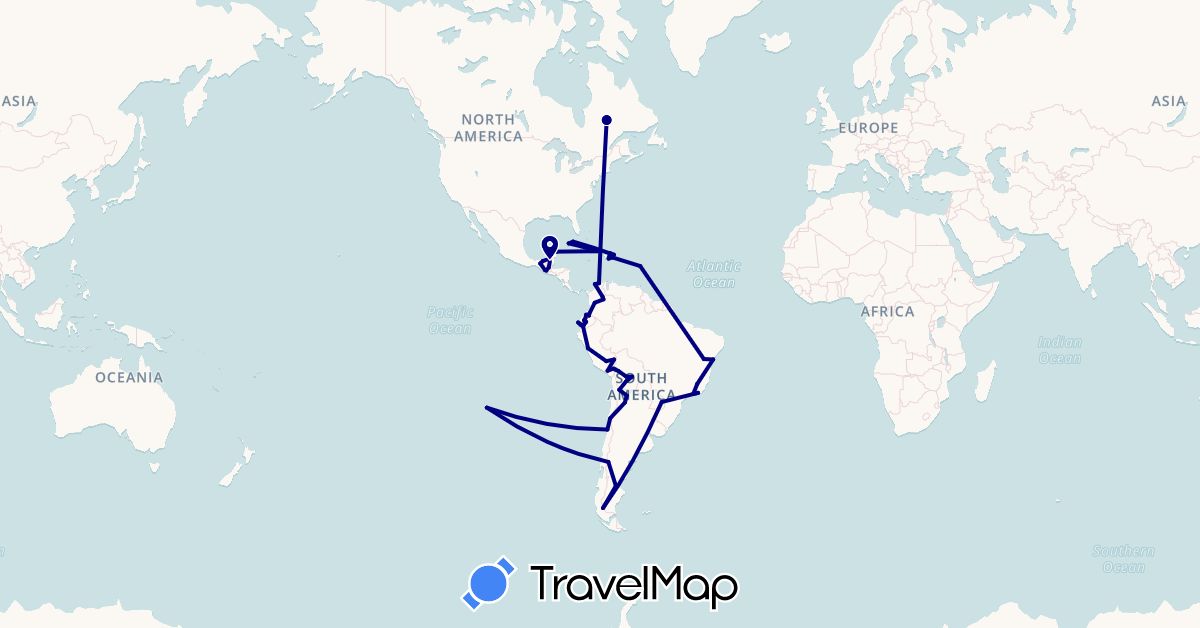 TravelMap itinerary: driving in Argentina, Bolivia, Brazil, Canada, Chile, Colombia, Cuba, Dominican Republic, Ecuador, France, Guatemala, Mexico, Peru (Europe, North America, South America)